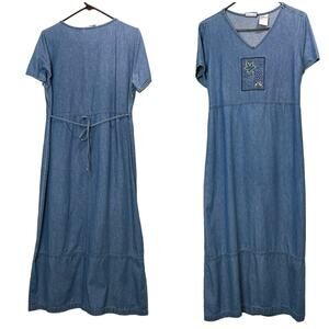 VINTAGE Vintage Denim Maxi Dress Appliqué Embroidered  M